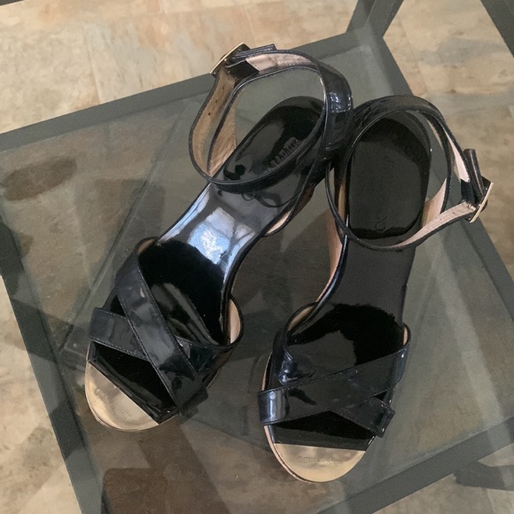 ✨JIMMY CHOO PAPYRUS BLACK PATENT LEATHER CORK WEDGE PLATFORM SANDALS - Picture 3 of 15